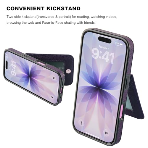 KIHUWEY for iPhone 17 Wallet Case Card Holder Kickstand, Lichee Dark Purple | Credit Card Slots, PU Leather, Magnetic Clasp, Flip Heavy Duty Protection Cover for Men and Women - color: Lichee Dark Purple