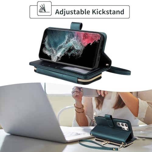 Wallet Case for Samsung Galaxy S21 Ultra 5G with Wrist Strap, 9+ Card Slots Zipper Purse, Luxury PU Leather Stand Full Body Phone Cover for S21ultra 21S S 21 21ultra G5 Women Girls Green | Wrist/Shoulder Strap, Card Slots, Purse, Luxury PU Leather, Stand,