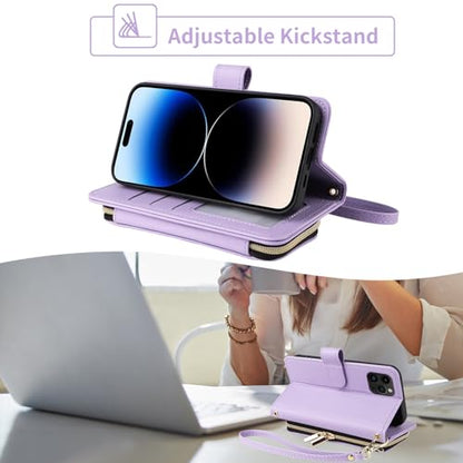 Wallet Case for iPhone 15 Pro 6.1 inch with Detachable Wrist Strap, 9+ Card Slots Zipper Purse, Luxury PU Leather Stand Phone Cover for iPhone15Pro 5G i i-Phone i15 iPhone15 15Pro Women Purple | Wrist/Shoulder Strap, Card Slots Purse, Luxury PU Leather St