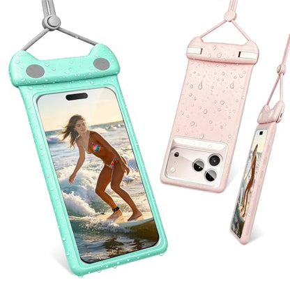 wellhouse Waterproof Phone Pouch, Waterproof Phone Case for iPhone17 16 15 14 Pro Max XS Samsung, IPX8 3D Cellphone Dry Bag Beach Essentials -2 Pack Meow Green & Pink 7.0 - color: 2 Pack - Meow Green & Pink 7.0"
