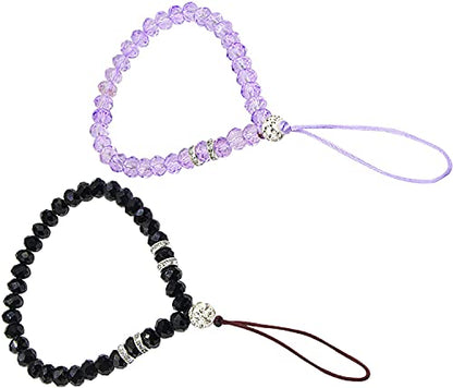 Cell Phone Lanyard Strap Bling Crystal Beads Hand Wrist Lanyard - color: 17cm Black&purple