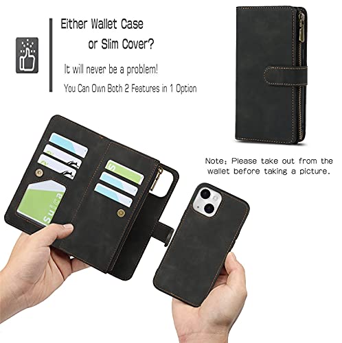 iCoverCase Compatible with iPhone 13 Wallet Phone Case with Card Holder, PU Leather Zipper Pocket Magnetic Detachable Flip Case with Wrist Strap (Black) - color: Detachable--Black