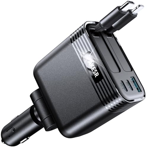AKESR 5-in-1 Retractable Car Charger，66W Car Charger USB C Fast Charge