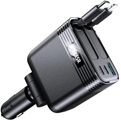 AKESR 5-in-1 Retractable Car Charger，66W Car Charger USB C Fast Charge