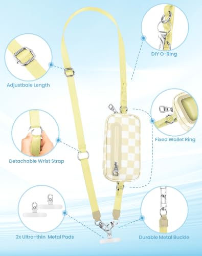 SHANSHUI Clip and Go Phone Strap Wallet: crossbody lanyard with detachable wristlet, zipper pocket, ID window, 2 metal tether pads. Compatible with iPhone & most smartphones. Beige White Checkered - color: Beige White Checkered