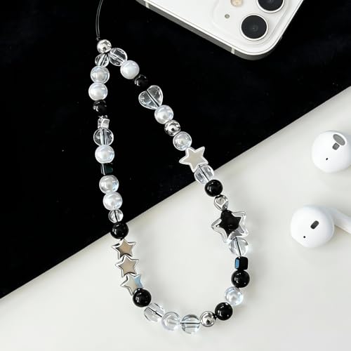Cute Beaded Camera Wrist Strap for Phone, Digital Camera Charm Lanyard, Pearl Beaded Chain for Bag Keychain Gift - color: Black Star