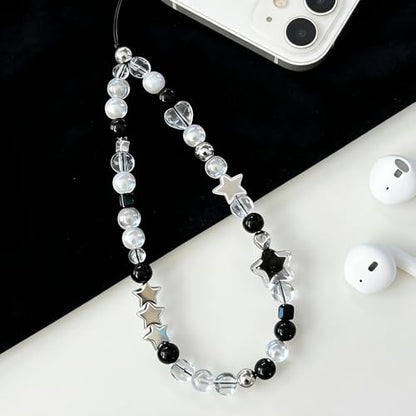 Cute Beaded Camera Wrist Strap for Phone, Digital Camera Charm Lanyard, Pearl Beaded Chain for Bag Keychain Gift - color: Black Star