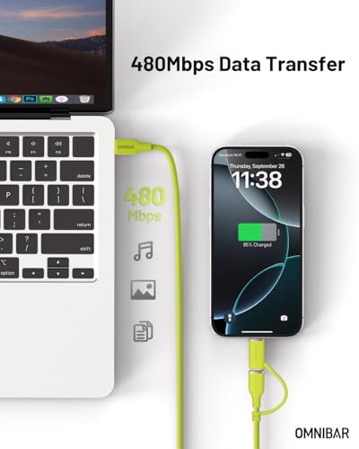 2-in-1 Silicone USB C to USB C Cable 6FT, MFi Lightning Adapter - color: C to C/Lightning Silicone Green