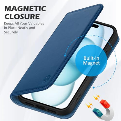 SHIELDON Genuine Leather Case Wallet for iPhone 15 6.1" 2023, Royal Blue | Folio Magnetic Closure, RFID Blocking, Credit Card Holder, Kickstand, Shock Absorbing Protective Cover - color: Royal Blue