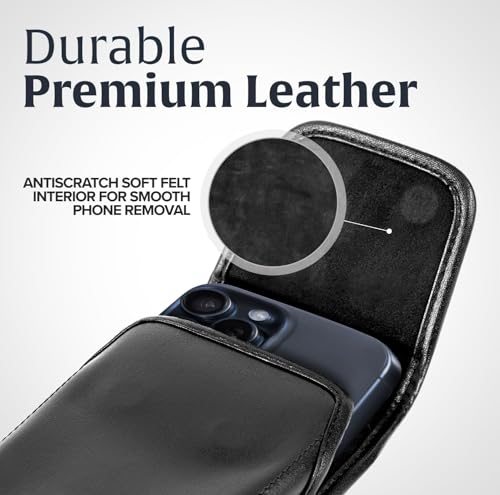 Turtleback Belt Holder for iPhone 16 Pro Max, 15 Pro Max, 14 Pro Max -Small- Fits w/Slim MagSafe Style Cases, Premium Black Leather Vertical Belt Holster Magnetic Closure Leather Wrapped Clip - color: Vertical - Leather w/ Leather Clip, size: Small