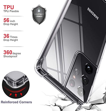 KIOMY Clear Case for Samsung Galaxy S21 Ultra 5G Hybrid Design Shockproof Bumper Protective Cell Phone Back Cover Hard PC Back + Flexible TPU Raised Bezel with Airbags Corners
