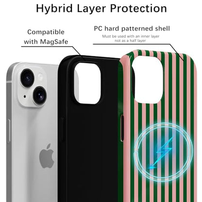 Skyseaco Compatible with iPhone 15 Case with MagSafe, Cute Striped Phone Case for Women Girls, Soft TPU + Hard PC Dual Layer Shockproof Glossy Protective Cover, Pink and Green - color: Pink and Green, size: iPhone 15