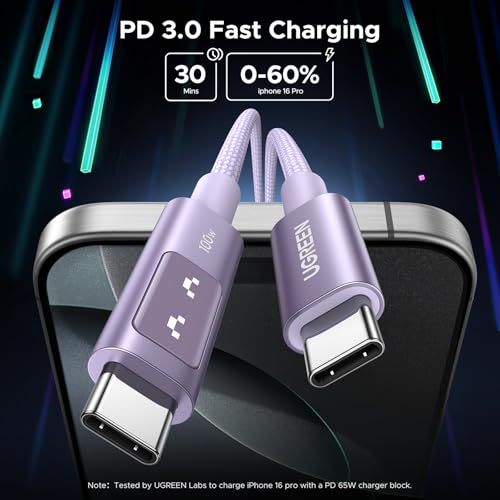UGREEN Uno USB C Cable 100W with LED Display, Fast Charging, 10ft, Purple - color: Purple, size: 6.6 FT