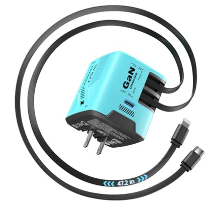 W & O 60W Gan Fast Charger Wall Plug, Built-in Retractable USB-C & L Cables - color: Blue