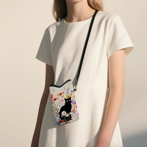 Cell Phone Sleeve Pouch with Adjustable Strap - Cat with Floral - color: Black Cat With Flowers