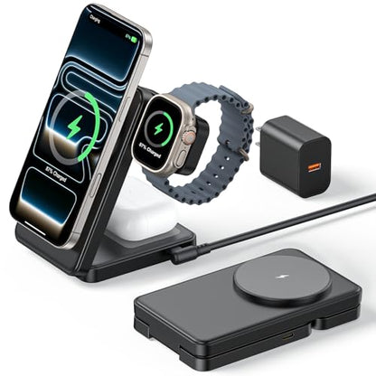Meifigno 3 in 1 Foldable Wireless Charger for Apple Multiple Devices, Black - color: Black