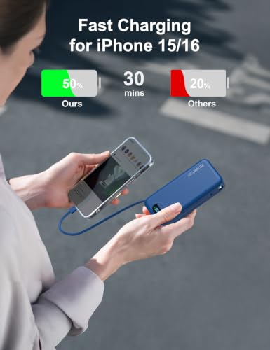 Portable Charger Power Bank 20000mAh with Built in Cables & Wall Plug - color: Navy