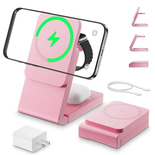 3-in-1 Charging Station for Apple Devices, Foldable Magnetic Wireless Charger Stand, Fast Charger Station for iPhone17/16/15/14/13/12 Pro Max/ AirPods2/3/4 and IWatch Ultra Series(Pink) - color: Pink