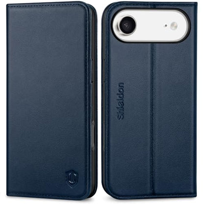 SHIELDON Genuine Leather Wallet Case for iPhone Air 6.5" 2025, Navy Blue | Magnetic Closure, RFID Blocking, Credit Card Holder, Kickstand, Folio Design, Shockproof Protective Cover - color: Navy Blue