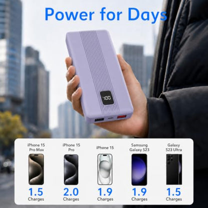 10000mAh Portable Charger with 4 Built-in Cables, 22.5W Fast Charging Power Bank, LED Display, Slim Travel Battery Pack for iPhone 17/16/15/14, Samsung Galaxy, iPad & More - color: Purple