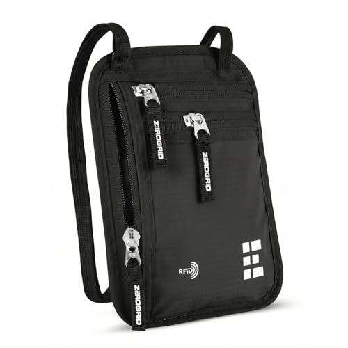 Zero Grid RFID Travel Neck Wallet, Large Passport Holder, Black - color: Black, size: Solo/Couple