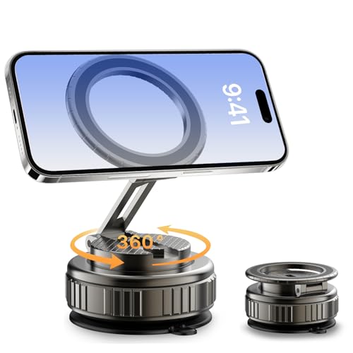 Phone Holders for Your Car, Ultra Vacuum Suction Cup Magnetic Car Phone Holder Mount 360° Adjustable Foldable Cars Phone Stand Compatible with MagSafe iPhone All Smartphones