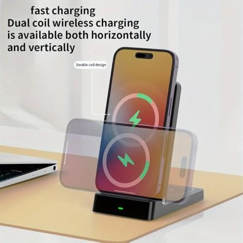 2 in 1 Dual Coil Magnetic Wireless Charger Stand Foldable Desktop Fast Charging Station for iPhone 17 16 15 14 13 12 for Airpods (White)