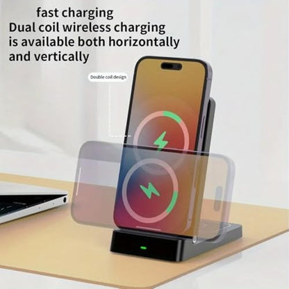2 in 1 Dual Coil Magnetic Wireless Charger Stand Foldable Desktop Fast Charging Station for iPhone 17 16 15 14 13 12 for Airpods (White)