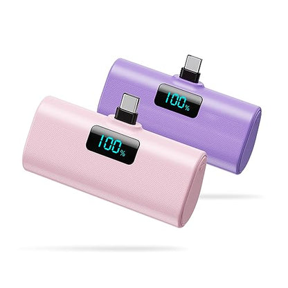 [2-Pack]Portable Charger for iPhone 16/15 Series,5200mAh PD USB C Power Bank Built-in USB-C Connector,Battery Pack Compatible with iPhone 16/16 Plus/16 Pro/16 Pro Max/15 Series,Android (Pink+Purple) - color: Pink+Purple