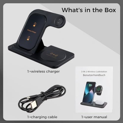 3 in 1 Wireless Charger for Phone, Smartwatch, and Wireless Earbuds, 15W Fast Charging Station, Foldable Stand for Multiple Devices, Portable Multifunctional Docking Station