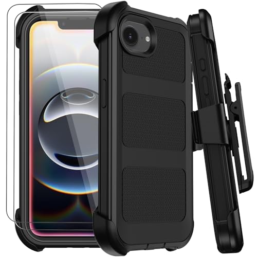 for iPhone 17e /16e Case with Belt Clip Holster,Military Grade Anti-Drop Shockproof Defender Phone Cases w/2x Screen Protectors & Kickstand,2 Layers Rugged Heavy Duty Protective Bumper Cover (Black) - color: Black