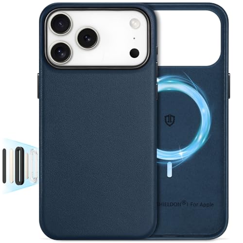SHIELDON Genuine Leather Case for iPhone 17 Pro Max 6.9" 2025, Navy Blue | Compatible with MagSafe, Magnetic Wireless Charging, Camera Button, Metal Buttons, Camera Bezel, Slim, Shockproof, Women Men - color: Navy Blue, size: for iPhone 17 Pro Max