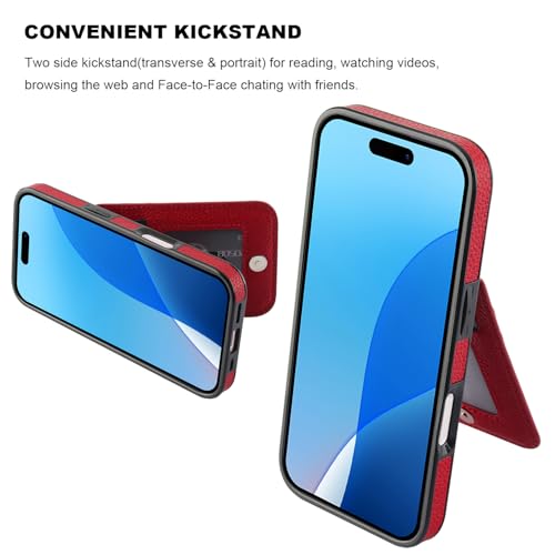 KIHUWEY for iPhone 16 Pro Wallet Case Card Holder Kickstand, Lichee Red | Credit Card Slots, PU Leather, Magnetic Clasp, Flip Heavy Duty Protection Cover for Men and Women - color: Lichee Red