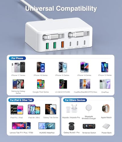8-in-1 Retractable USB C Charger Charging Station Hub for Multiple Devices - color: White