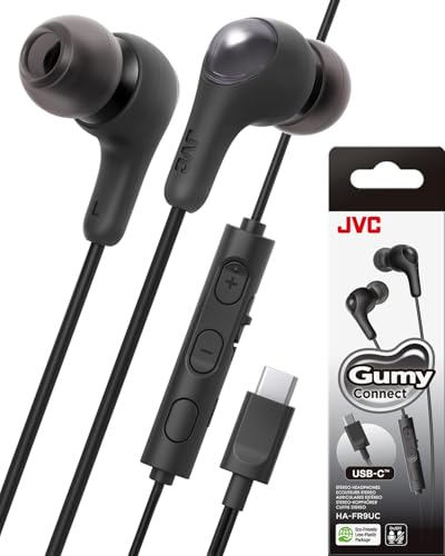 JVC Gumy Connect USB-C Wired Earbuds Headphones, Delay-Free for Videos and Gaming, Built-in DAC Reduces Noise and Improves Sound Quality, 9.2 mm Diameter Neodymium Drivers - HAFR9UCB (Black) - color: Black, size: USB-C Jack