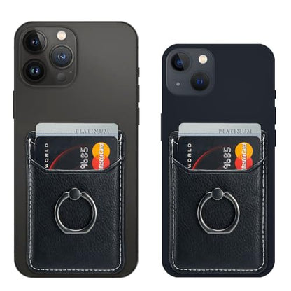 Card Holder Sleeve with Ring, RFID Credit Wallet Synthetic Leather Stick On Back Grip for iPhone Samsung Smartphone - Black - color: Cow Black