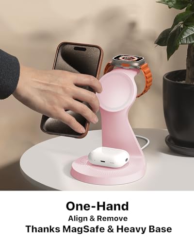 3 in 1 Charging Station for Apple Devices, Mag-Safe Charger Stand Fast Charging, Wireless Charger for iPhone 16/15/14/13/12 Series, & AirPods, & iWatch (USB-C Charger Included) - color: Pink