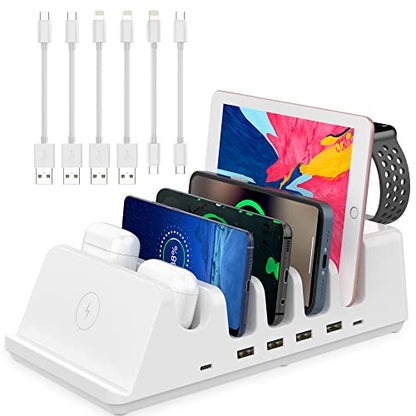 AGVEE 140W 7in1 Multi USB Charging Station Organizer Family Block Hub with Multi Cables, 3 Wireless Charger Dock for Pad Phone Cell Phone Android Tablet Multiple Devices, White