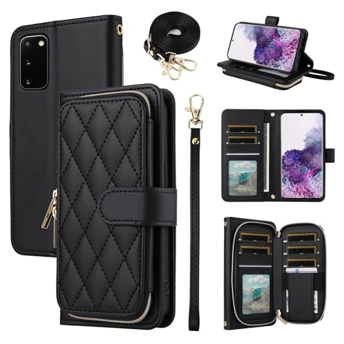 Wallet Case for Samsung Galaxy S20 5G 6.2 inch with Wrist Strap, Crossbody Shoulder Strap, Luxury PU Leather Stand Cell Phone Cover with 9+ Card Slots for S 20 20S UW S2O G5 Women Black | Girls, Wrist/Shoulder Strap, 9+ Card Slots, Zipper Purse, Luxury PU