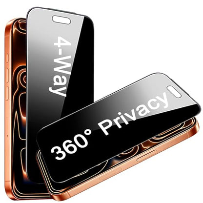 2 Pack 4 Way 360 Degree Privacy Screen Protector for iPhone 17 Pro Max, 4 Directions Horizontal and Vertical All Around Anti Spy Tempered Glass Film, Face ID Sensitive - size: for iPhone 17 Pro Max 6.9"