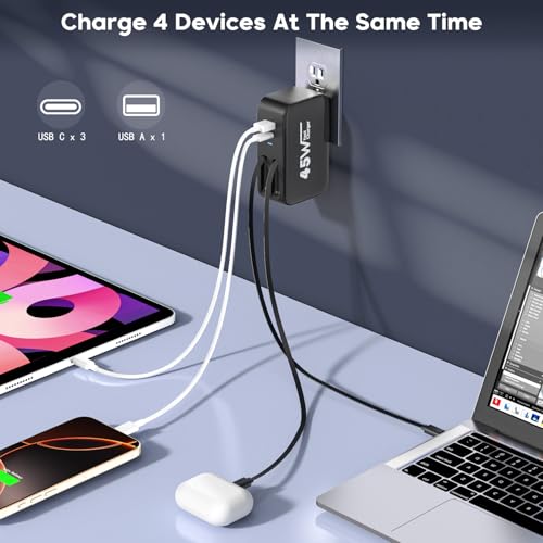 4 in 1 Retractable Wall Charger Dual USB C Cable Plug,45W USBC Fast Retractable iPhone Charger Foldable Block Dual Port(USB C+USB A) with Dual USB C Cable Fast Charger for iPhone 17/16/15,iPad Pro/Air