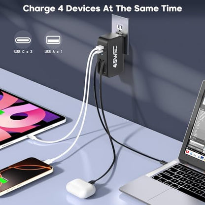 4 in 1 Retractable Wall Charger Dual USB C Cable Plug,45W USBC Fast Retractable iPhone Charger Foldable Block Dual Port(USB C+USB A) with Dual USB C Cable Fast Charger for iPhone 17/16/15,iPad Pro/Air
