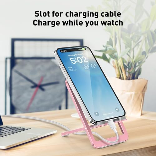 Cell Phone Stand for Desk - Foldable Aluminum Phone Holder, Portable Travel Essentials, Adjustable Desktop Dock for iPhone 17 16 15 14 Pro Max, Android (Pink) - color: Pink.