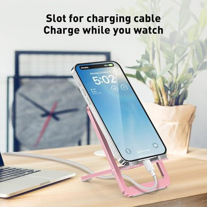 Cell Phone Stand for Desk - Foldable Aluminum Phone Holder, Portable Travel Essentials, Adjustable Desktop Dock for iPhone 17 16 15 14 Pro Max, Android (Pink) - color: Pink.