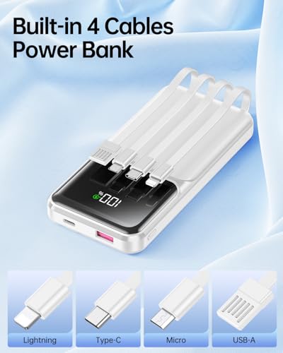 Portable Charger with Built in Cable 20000mAh Fast Charging - color: White