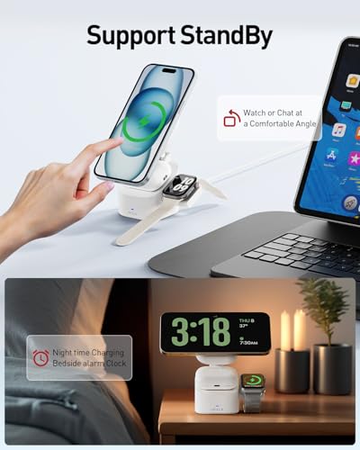 iWALK 3-in-1 Magnetic Wireless Charging Stand, 15W Foldable Charger Station for iPhone 16/15/14/13/12, Apple Watch & AirPods, Adjustable Dock with 20W USB-C Adapter - color: white