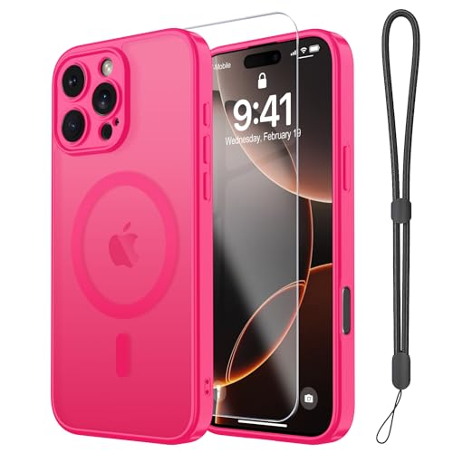 Magnetic Case for iPhone 16 Pro Case with Screen Protector+Wrist Strap | Compatible with MagSafe,Full Camera Protection,Slim Translucent Matte Phone Cover,Hot Pink - color: Hot Pink