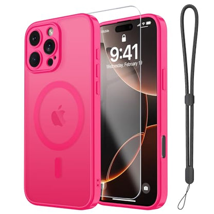 Magnetic Case for iPhone 16 Pro Case with Screen Protector+Wrist Strap | Compatible with MagSafe,Full Camera Protection,Slim Translucent Matte Phone Cover,Hot Pink - color: Hot Pink