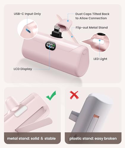 Pink Small Portable Charger for Lightning Builtin Metal Stand Lightweight Power Bank 5000mah With Digital Display Mini External Battery Pack for iPhone 14/13/13pro/13pro max/12/11/XR/6/6s/iPad/SE - color: Pink