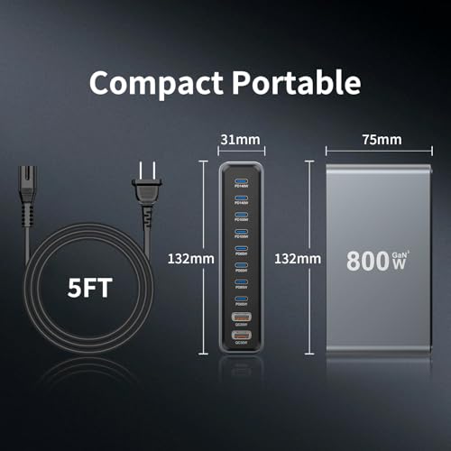 800W GaN3 10-Port USB-C Charging Station - Fast Charger for Laptops, Tablets, Smartphones, and More (Black) - size: 800WGaN3